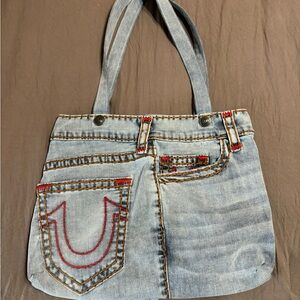 True Religion Blue Denim Tote with Red Accents